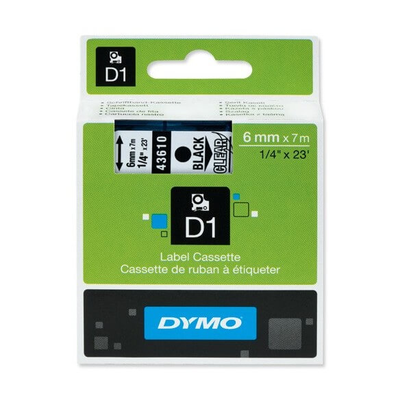 DYMO 43610 Ruban D1 Standard Noir sur Transparent 6mm x 7m